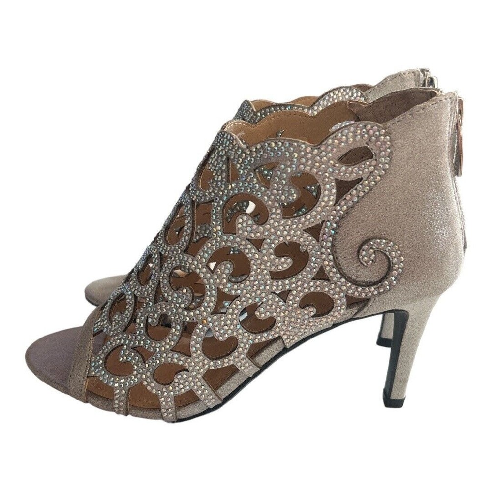J Renee Women's Mcwayfalls Caged Sandal Shootie Silver Satin Rhinestones Size 6M